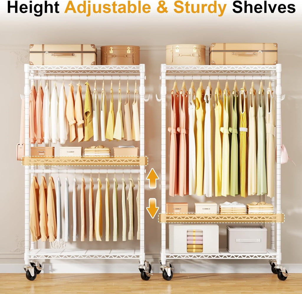 P1 Rolling Clothes Rack Heavy Duty, Metal Closet Clothing Rack with Lockable Wheels, Portable Wardrobe Closet for Hanging Clothes, 35.5" W x 15.7" D x 80.5" H, Hold 500lbs, White