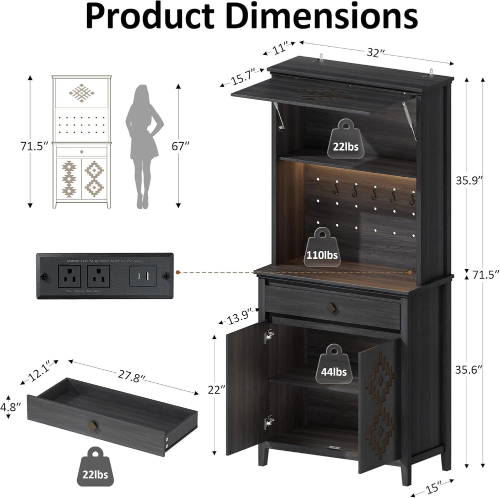 72" Tall Kitchen Pantry with Hydraulic Flip Up Door, Storage Cabinet wit...