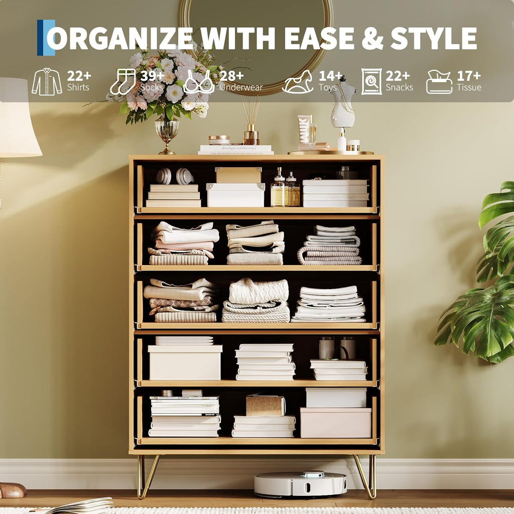 Garvee Fluted Dresser for Bedroom with 5 Drawers,32" Wide Modern Chest of Wooden Bedroom Chest with Metal Handle,Clothes Storage Organizer,Closet Dresser & TV Stand for Living Room,Hallway,Natural Oak