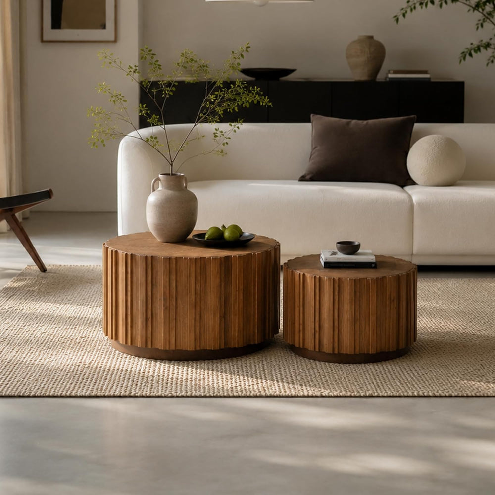 Nesting Coffee Table Set of 2, Round Fluted Drum Accent Tables, Solid Wood Sl...