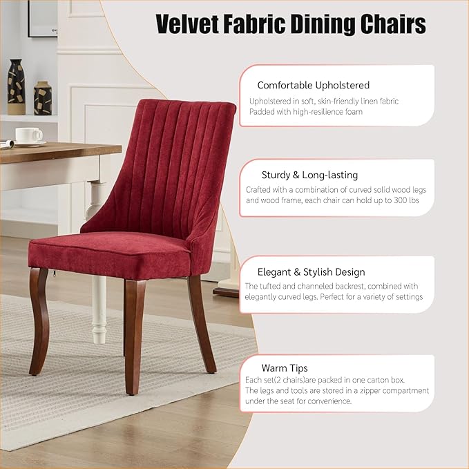 Dining Chairs Set of 8,Comfy Fabric Upholstered Chairs for Kitchen Living Room,Channel Tufted Dining Room Chairs with Curved Solid Wood Legs(WineRed,8 Pcs)