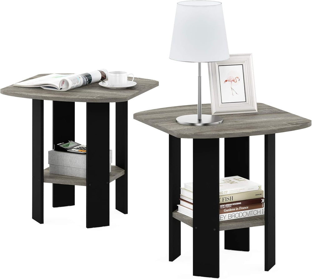 Furinno Simple Side Table Set of 2, 2-Tier Grey End Table with Soft Edges, Op...