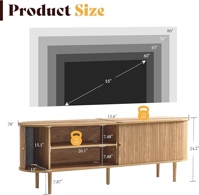 AMERLIFE 70" Mid-Century Modern TV Stand, TV Console Table for TVs up to 80 Inch, Fluted Wood Media Console with Storage, Solid Wood Legs, Natural Oak