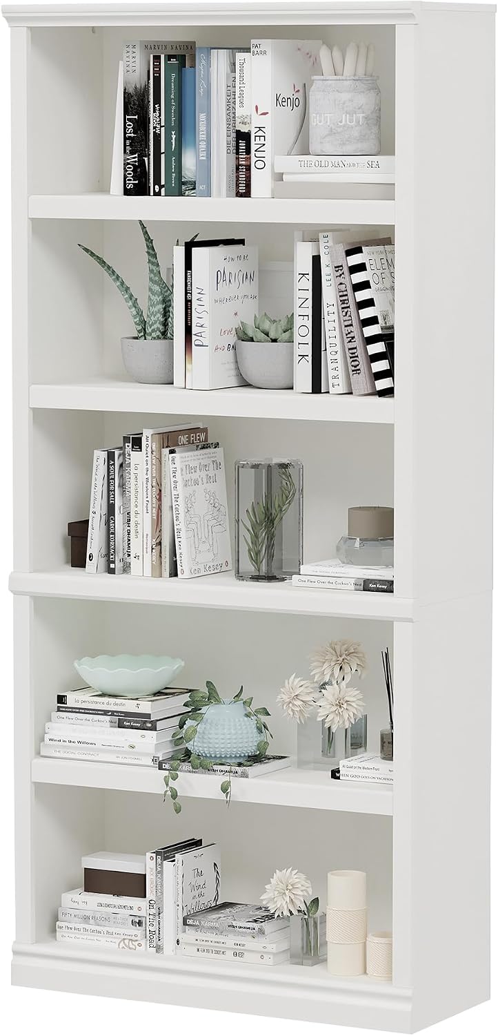 Bevfint 70-Inch Tall White Bookcase, 5 Tiers Shelves Open Storage Bookshelf
