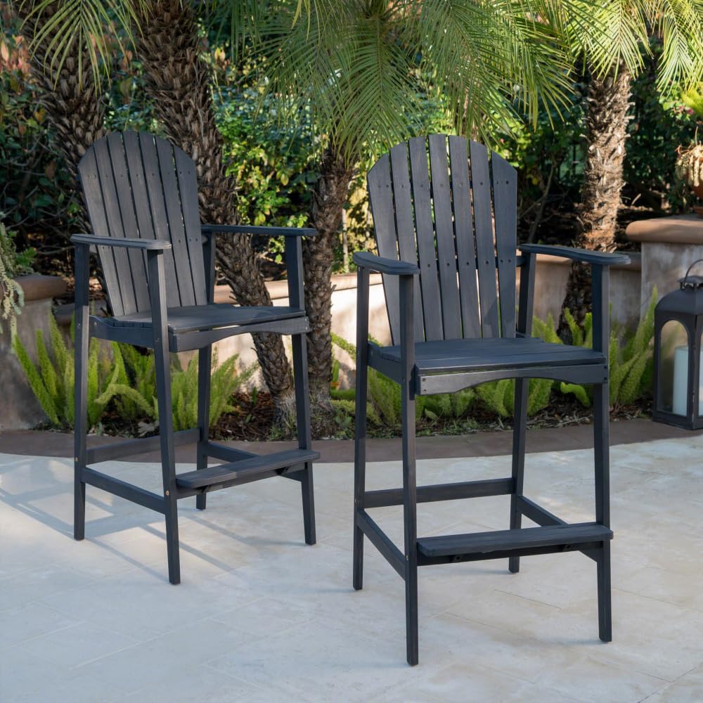 Saiveina Outdoor Acacia Wood Adirondack Barstools, Set of 2, Dark Gray