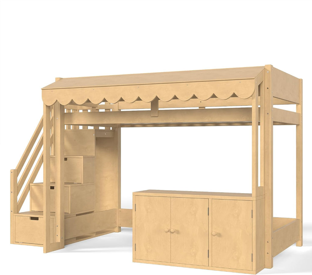 Twin Size Wood Loft Bed with Storage Stairs and Pretend Store Counter (Twin)