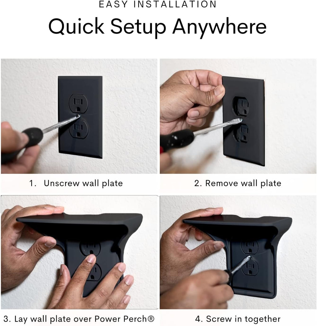 BeraTek Power Perch Wall Outlet Shelf with Cord Storage Strap - Declutter & Reclaim Bathroom Counter Space - Echo Dot Stand, Homepod Mini Wall Mount, Smart Home Devices Organizer - Black, 1-Pack