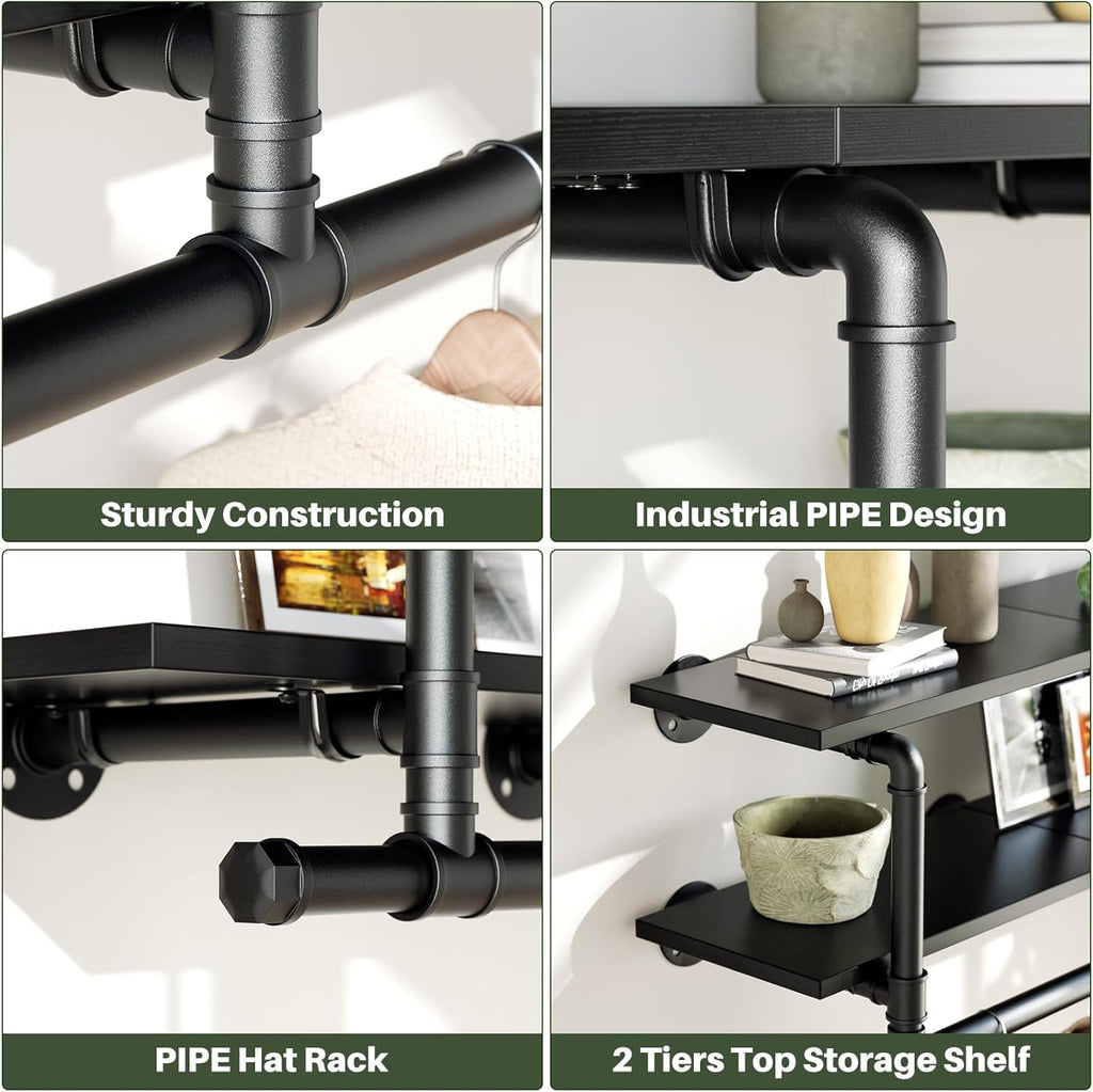 Aheaplus Industrial Pipe Clothes Rack with Top Shelf, 47In Space-Saving Wall Mounted Clothing Rack, 2 Tiers Heavy Duty Pipe Clothing Shelves with Hanging Rod for Laundry Room, Closet Storage, Black