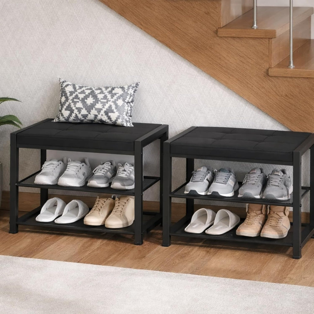 HOOBRO Small Shoe Bench, 3-Tier Shoe Rack, Shoe Storage Bench with PU Seat Cu...