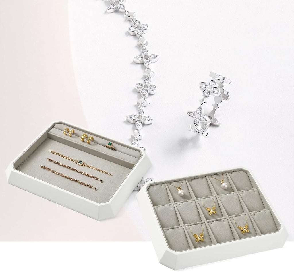 PU Leather Jewelry Organizer Tray - 12 Grid Stackable Jewelry Display for Bracelets, Earrings, Rings & Necklaces - Grey Jewelry Storage Tray for Dresser, Drawer, Store Display (11”x9”)