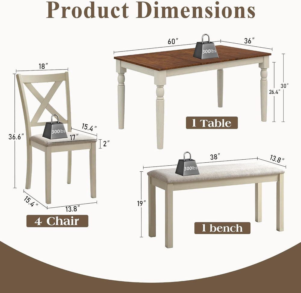 LUXOAK 6 Piece Solid Wood Dining Table Set with 60" Farmhouse Table | So...