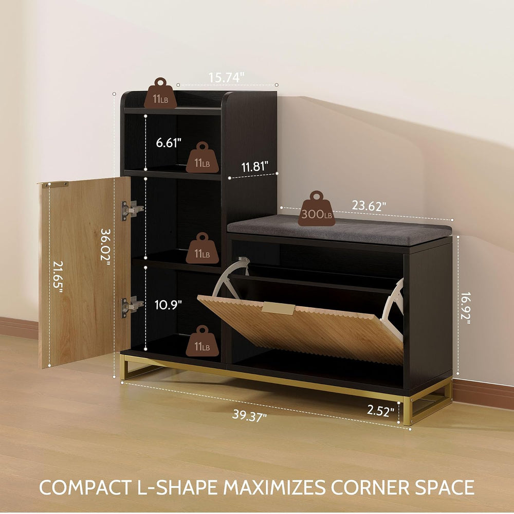 L-Shaped Shoe Storage Bench with Cushioned Seat & 2 Flip Drawer, 39'&...