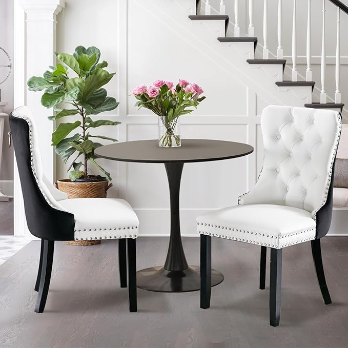 3-Pieces 31.5" Round Dining Table Set for 2, Black Dining Table & PU & Velvet Upholstered Dining Chairs Set of 2 for Kitchen Dining Room Apartment Small Space(Black & White Chairs)