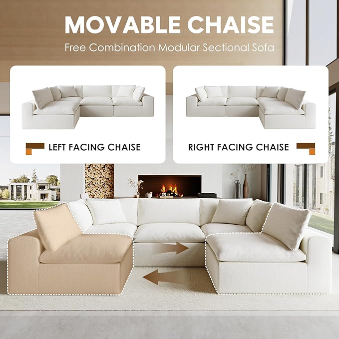 130" Modern Modular L Shaped Couch, Sectional Couches for Living Room, Deep Seat Cloud Couch, No Assembly Required Sleeper Sofa, Boneless Couches with Armrests, White