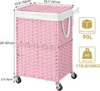 Chrislley 90L Slim Laundry Hamper with Wheels, Rolling Laundry Basket with Lid and Renovable Liner Bag, Handwoven Rattan Organizer for bedroom, bathroom, laundry room (Pink)