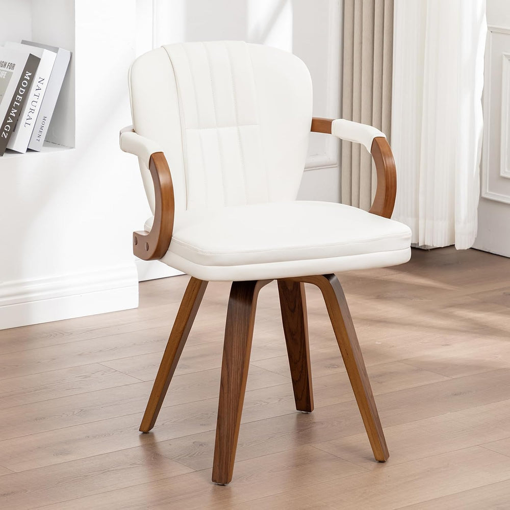Swivel Dining Chairs Mid Century Modern White Faux Leather Upholstered Kitche...