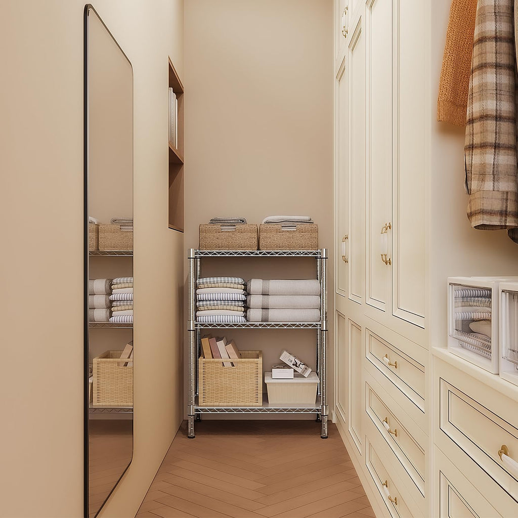 750 lbs 3 Tier Storage Rack Metal Wire Shelving Unit, Storage Standing Shelf Organizer for Laundry Bathroom Kitchen Pantry Closet Garage Basement Utility Room, Chrome 13.8" D x 29.5" W x 35.5" H