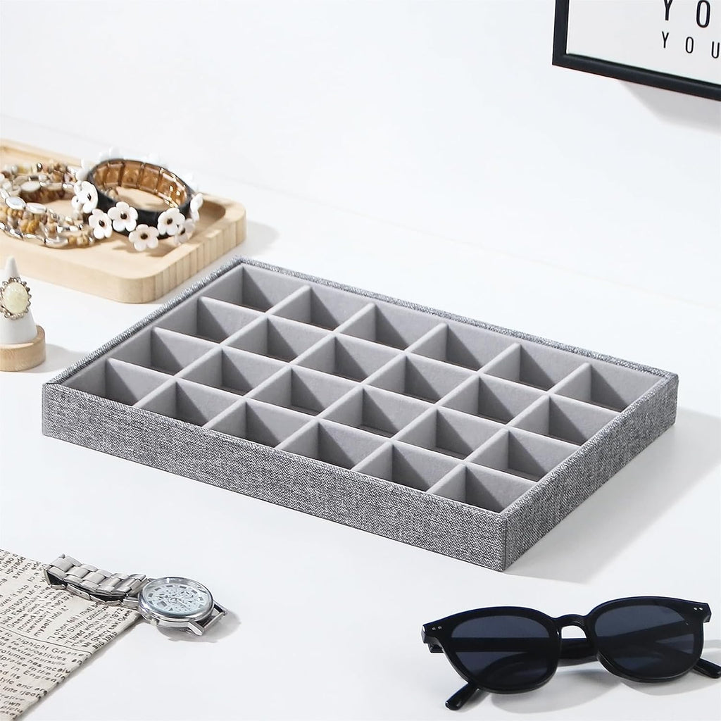 Stackable Jewelry Organizer Tray For Drawers,White Leather Small Earring Storage Tray,Bracelet And Necklace Display Box,Jewelry Ring Display Case (Gray 24 Grids)