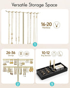 Vlando 2 Tier Jewelry Stand Organizer with Tary, Leather Jewelry Holder Display for Women, Gold Jewlery Holder Stand for Necklace, Earring, Bracelet, Rings - Black