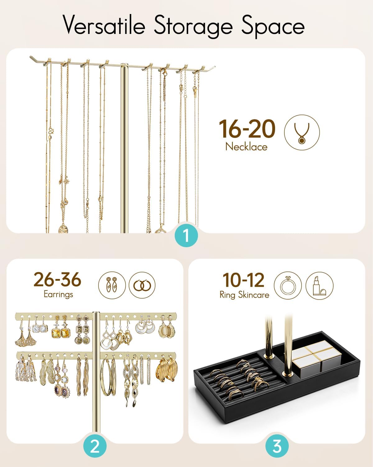 Vlando 2 Tier Jewelry Stand Organizer with Tary, Leather Jewelry Holder Display for Women, Gold Jewlery Holder Stand for Necklace, Earring, Bracelet, Rings - Black