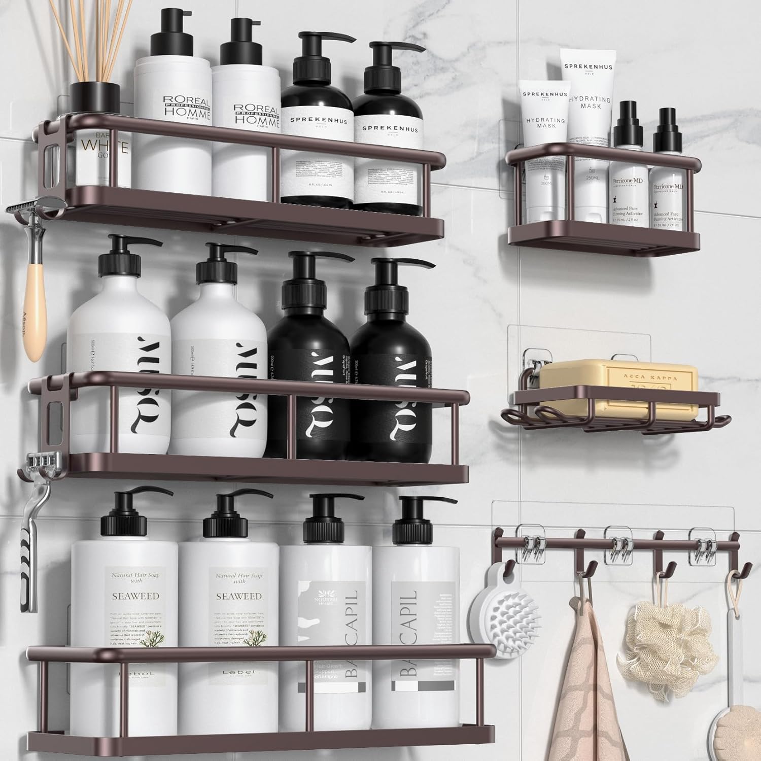 YASONIC Shower Caddy, 6 Pack Large Capacity shower Organizer with Soap Holder and 12 Hooks, Rustproof Shower Shelves for Inside Shower, No Drilling&Sleek Bathroom Organizers and Storage Bronze