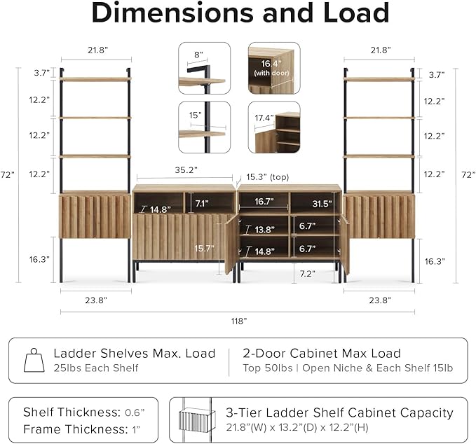 mopio Norwin 4 Piece Entertainment Center with Storage, 70" TV Stand, Industrial Modern Television Accent Cabinet, Oak Wood Media Console Table with 3-Tier Shelf Bookcase (3-Tier Cabinet Set)