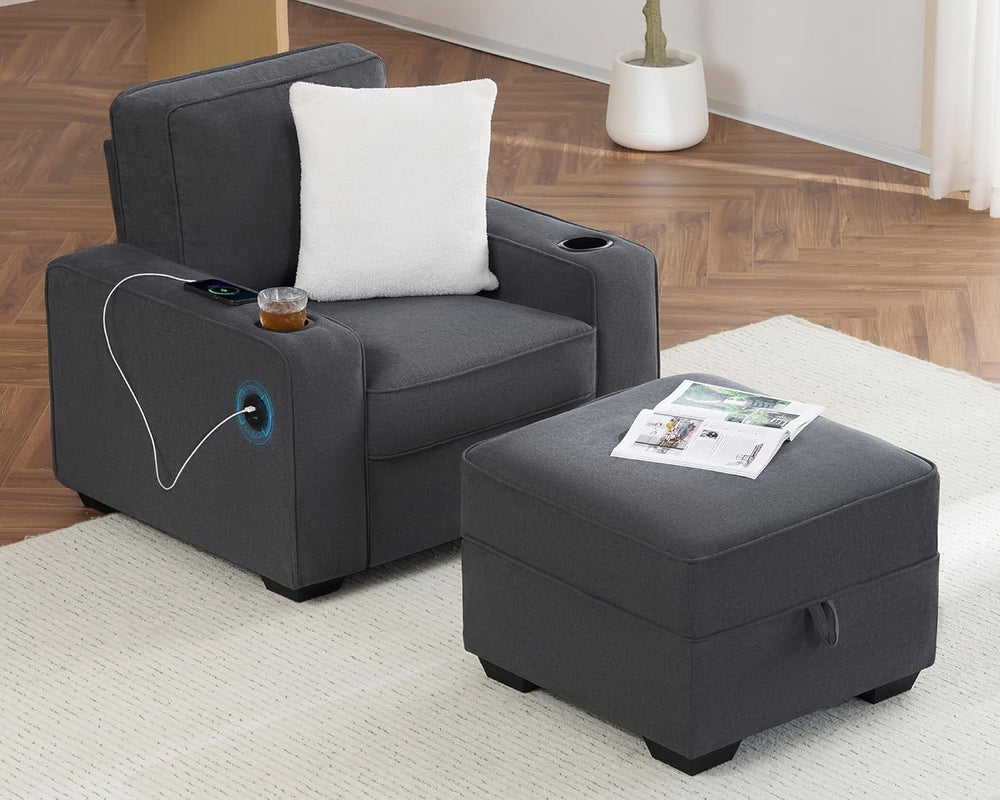 AMERLIFE Upholstered Storage Ottoman Footrest, Charcoal Grey | Storage Ottoma...