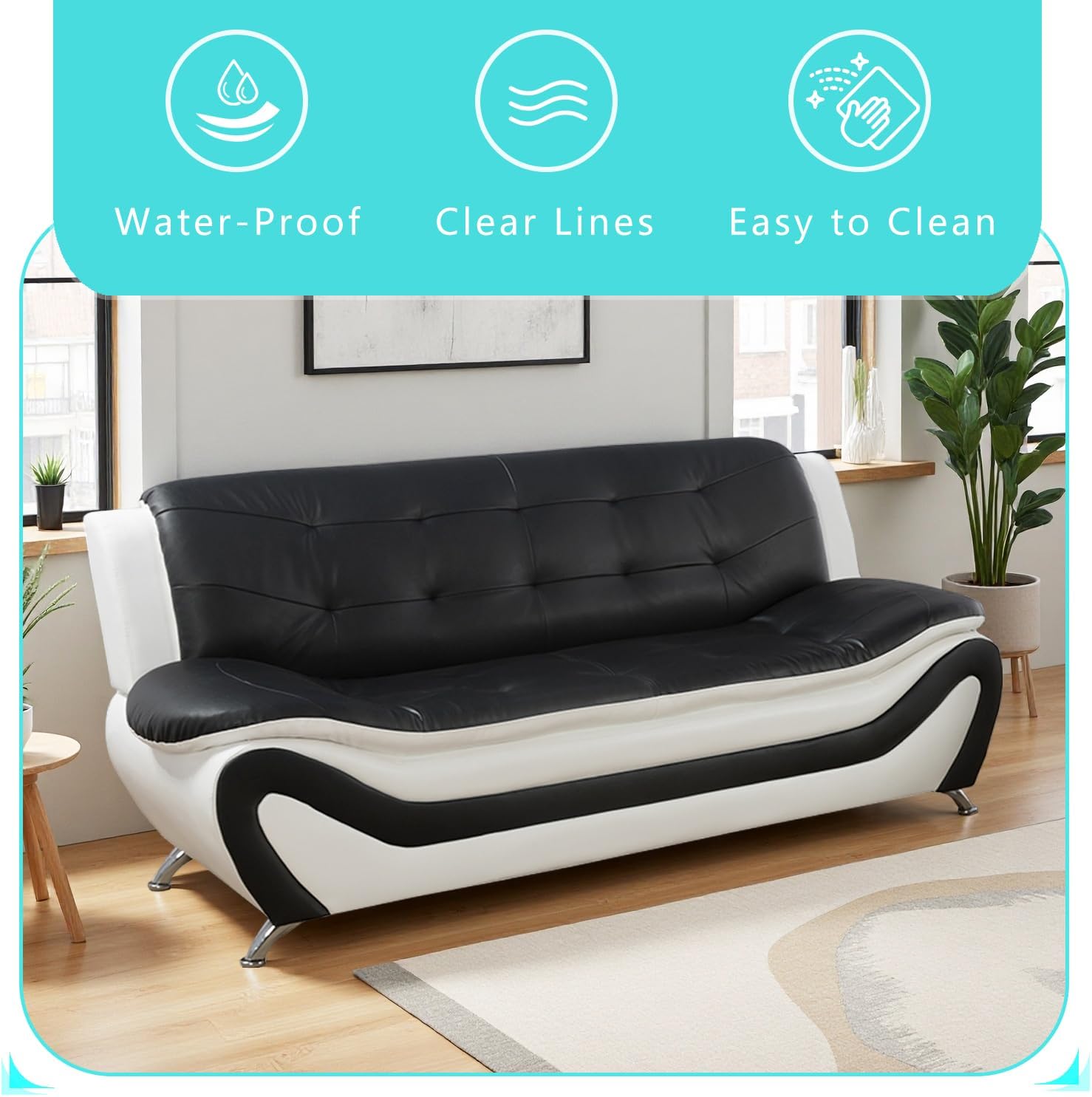 Leather Sectional Sofa Couches, Living Room Furniture Sets, 3 Pieces Modern Sofa Couch Set for Living Room/Apartment/Office/Bedroom, Black & White