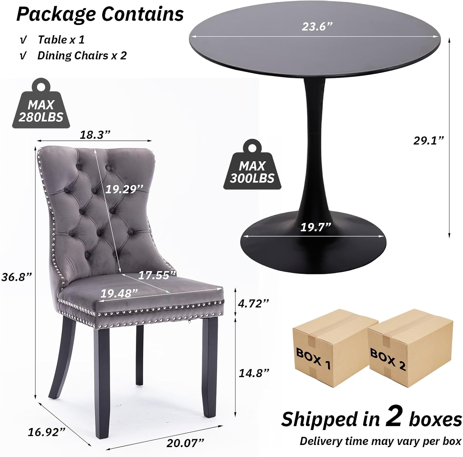 24" Small Round Kitchen Table Set for 2 with Velvet Upholstered Chairs | 3-piece compact dining set with round table, soft upholstered chairs, space-saving design for apartments