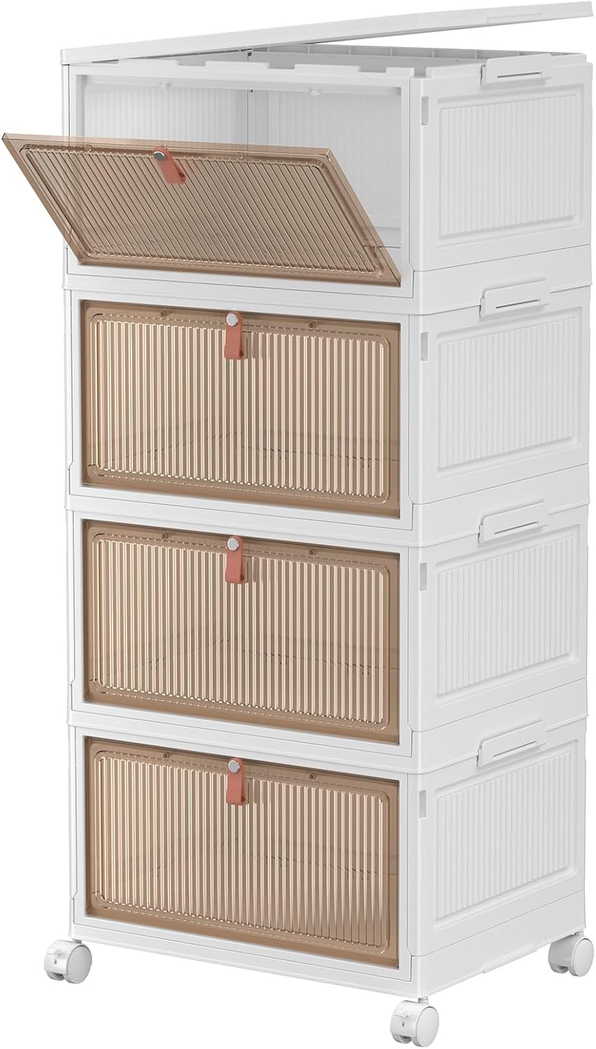 CTSNSLH 4 Tier Plastic Storage Bins and Boxes Organizer - 27Qt Stackable with Lids for Bedroom, Living Room, Office - Foldable Containers