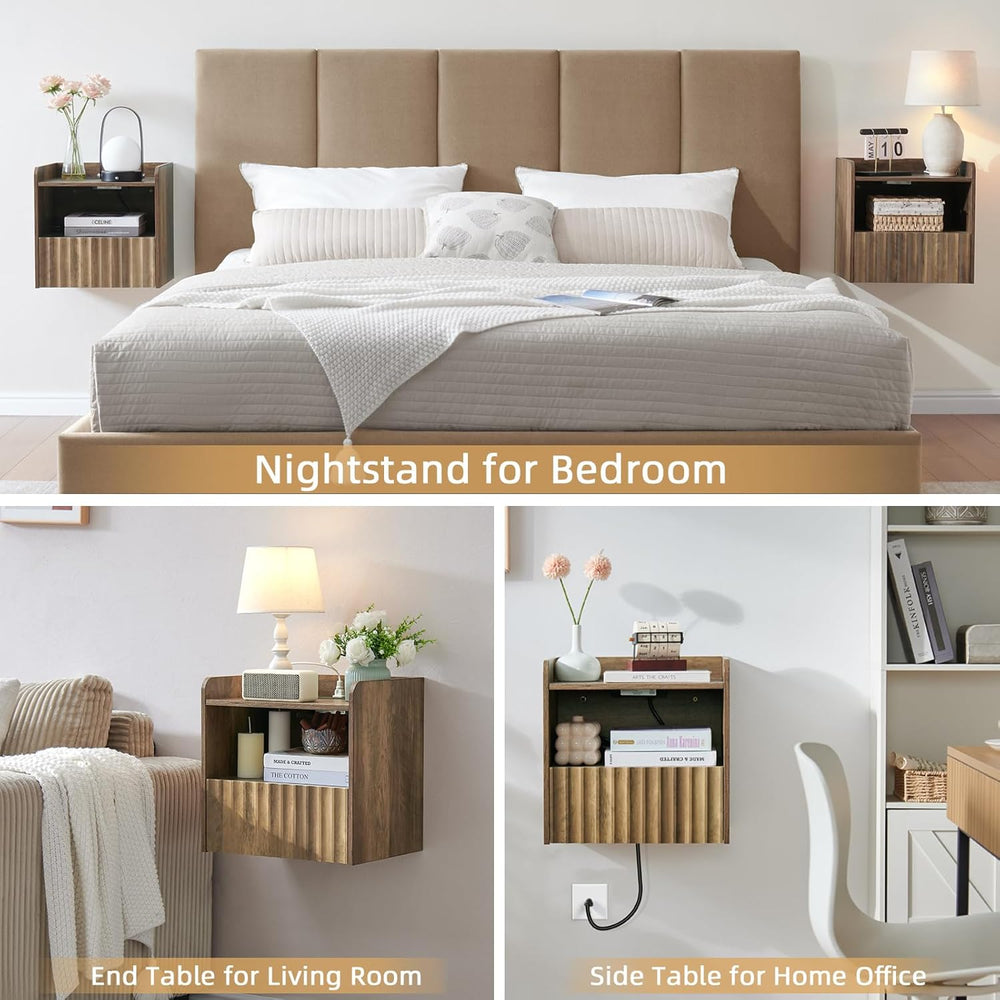 Modern Fluted Floating Nightstand Wall Mounted Set of 2- Bedside Table with S...