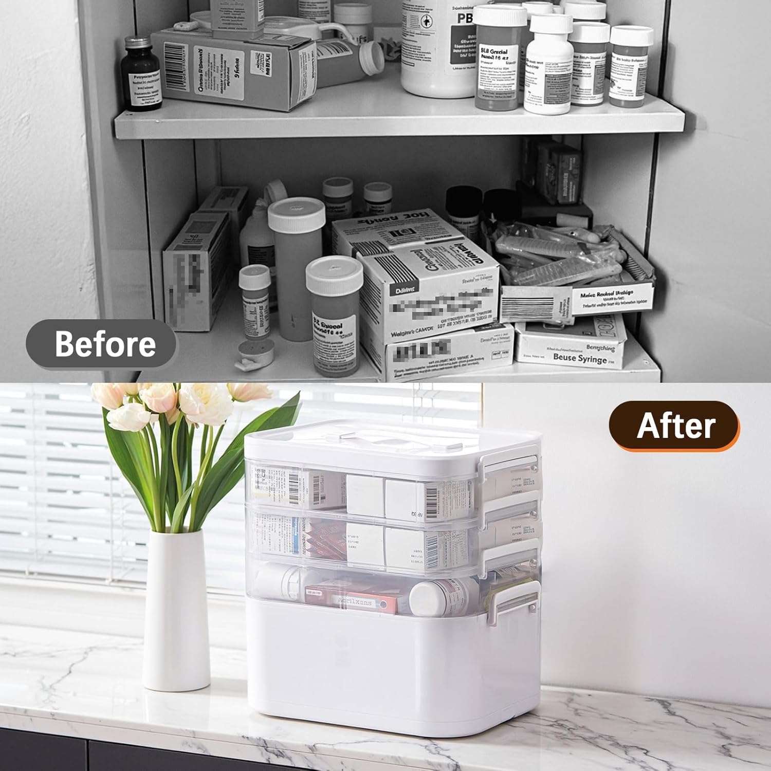 4-Tier Portable Medicine Cabinet Organizer, Large Medicine Storage Box with Handle, Plastic First Aid Box Empty, Multipurpose Medical Supply Organizer, Medication Storage with 3 Removable Tray