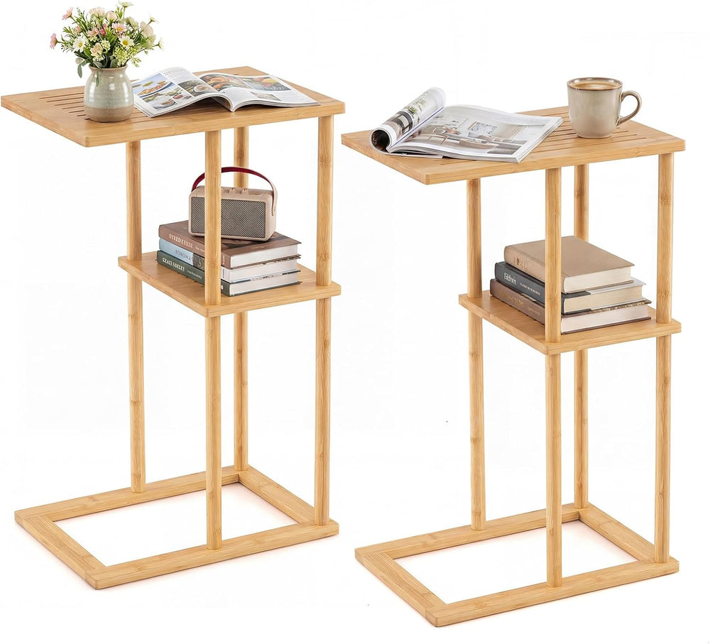 Giantex Bamboo Side Table Set of 2, 3-Tier Narrow End Table with Storage Shel...