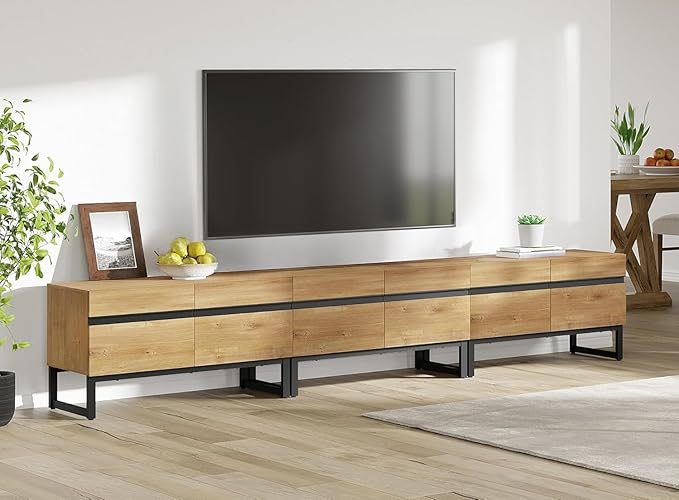 WAMPAT 3-in-1 Modern TV Stand for Up to 110 Inch TVs, Large Wood Entertainment Center Media Console with Storage Cabinets and Metal Base for Living Room, Oak