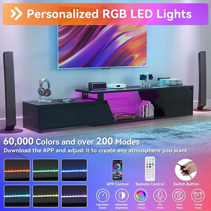 Verano Garden Extendable TV Stand with Led Lights, Wood TV Media Console with 2 Drawers & 1 Cabinet, Modern Entertainment Center Up to 90 Inch TV for Living Room Bedroom, 63" - 90.6" (Black)