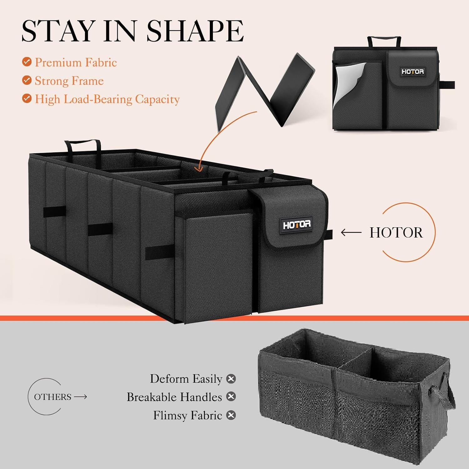 HOTOR Foldable Trunk Organizer - SUV & Sedan Compatible, 3 Compartment, Black, 31.9"×12.6"×10.6" Sturdy Car Organization for Accessories, Tools, Sundries