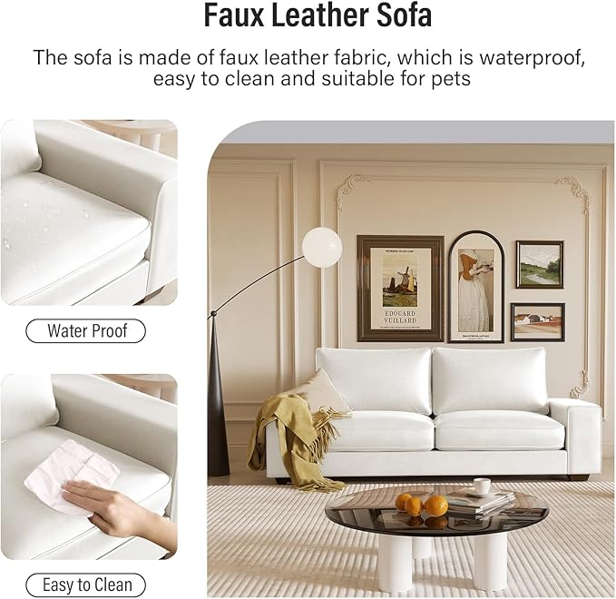Faux Leather Couch, Mid Century Modern Comfy Loveseat Sofa with Wide Arm, Sid...