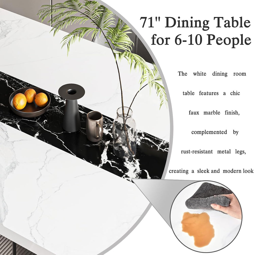 JassmiPkwy 71 Inch Dining Table for 6 8 10 People, Rectangular Faux Marble Ki...