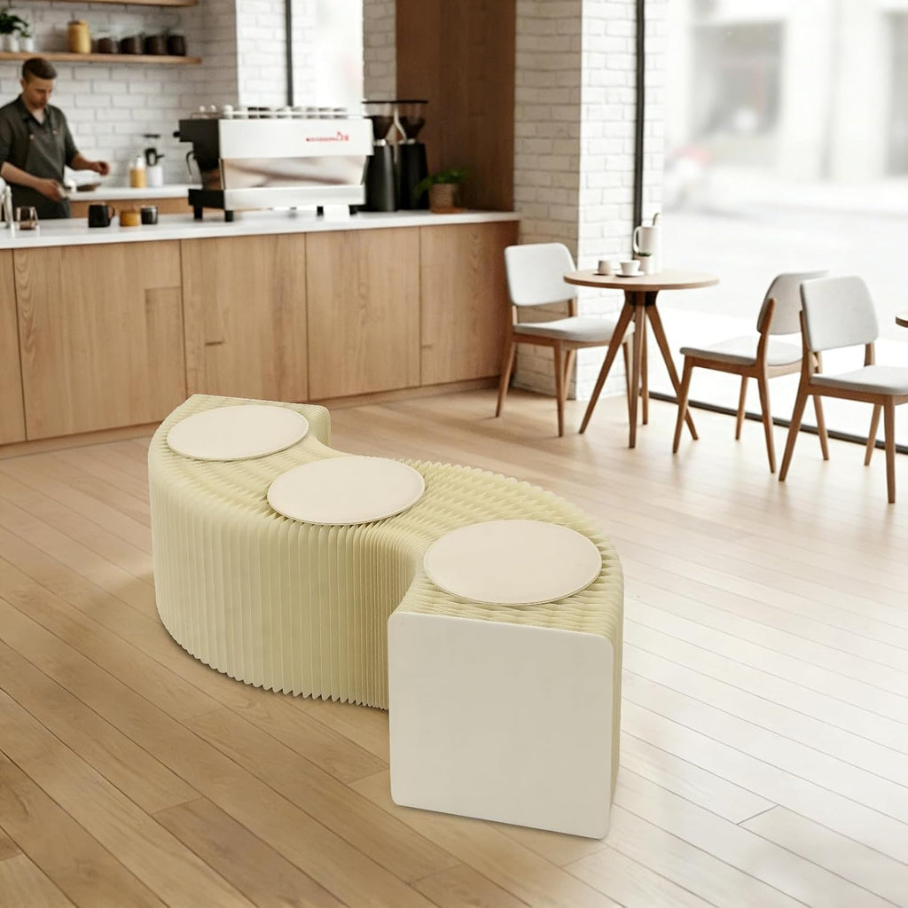 4.92ft Expanded Length Folding Craft Bench, Floor Standing Accordion Kraft Paper Bench with 3 Cushions, Foldable Craft Stool for Homes, Hotels, Restaurants, Clubs(14.17 * 15.75in Folded)