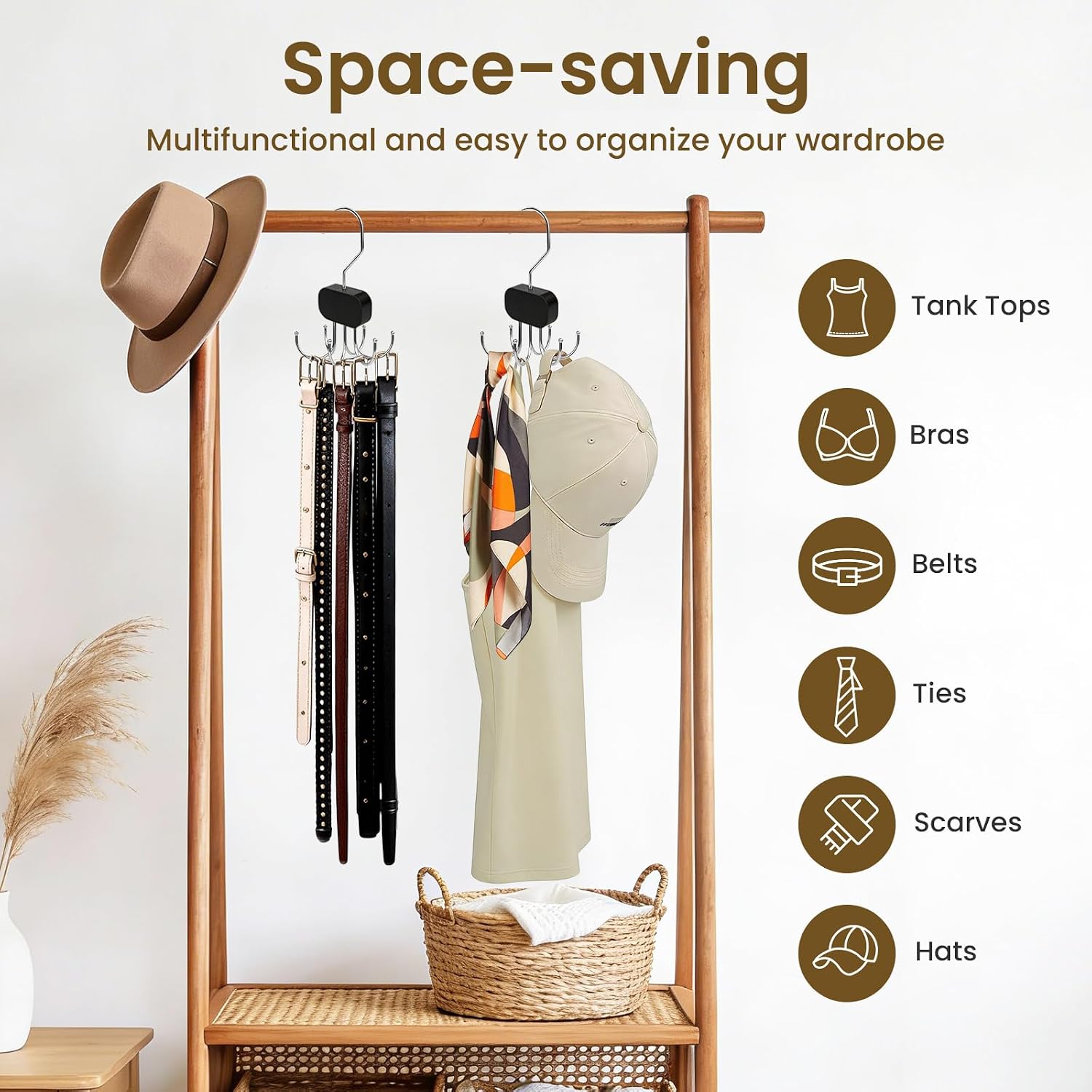 3 Pack Tank Top Hanger, Rotatable Bra Organzier for Closet, Bra Hanger for Closet Organizer, 360° Rotating & Foldable, Metal and Wood, Space-Saving Belt Hangers for Tank Tops, Belt, Tie (Black)