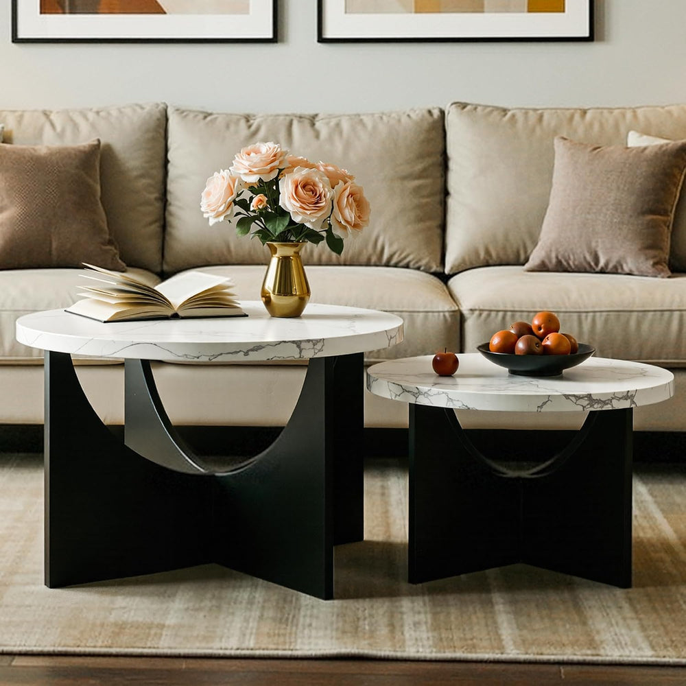 LIKIMIO Nesting Coffee Tables Set of 2, 31.5" Round Tables, Marble White