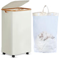 efluky Slim Laundry Basket with Wheels, Narrow Rolling Laundry Hamper with Lid and Removable Bag, Tall Aesthetic Dirty Clothes Hamper on Wheels for Laundry Room, Bedroom, Dorm and Bathroom, 100L Beige