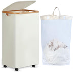 efluky Slim Laundry Basket with Wheels, Narrow Rolling Laundry Hamper with Lid and Removable Bag, Tall Aesthetic Dirty Clothes Hamper on Wheels for Laundry Room, Bedroom, Dorm and Bathroom, 100L Beige