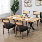Upholstered Rattan Dining Chairs Set of 2, Mid-Century Modern Fabric Dining Room Chairs with Brown Hardwood Frame, Curved Backrest Kitchen Armless Accent Chairs for Living Room (Black)