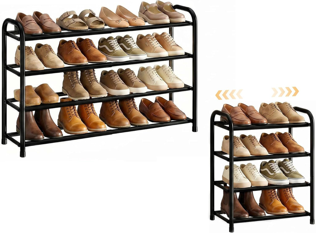ENJOYBASICS 4 Tier Expandable Shoe Rack for Closet, Free Standing Metal Shoe Shelf Storage Organizer Holder 16 Pairs, Adjustable Width Shoe Rack for Entryway Small Space, Black