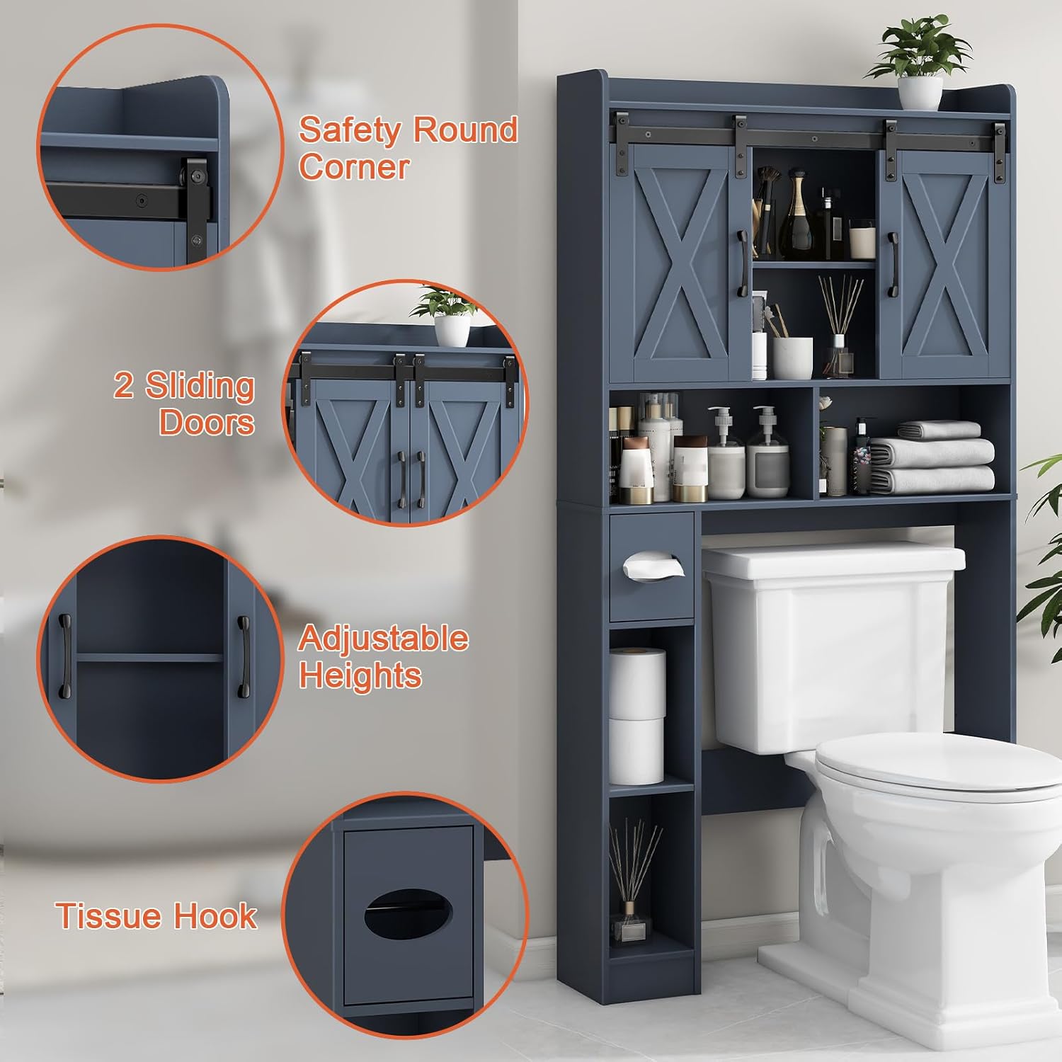 Vabches Over The Toilet Storage Cabinet, Farmhouse Storage Cabinet Over Toilet with Sliding Doors，Home Space-Saving Toilet Rack, for Bathroom, Restroom, Laundry