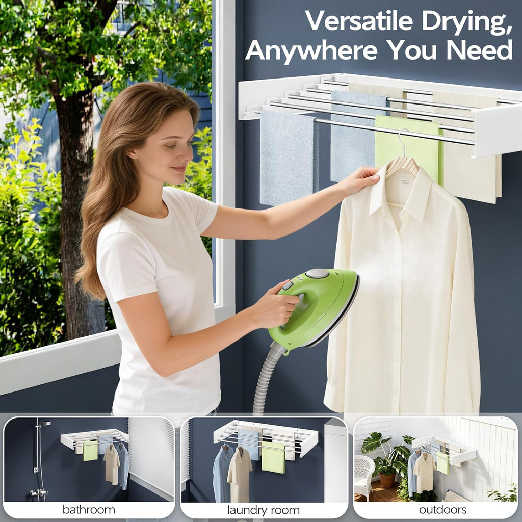 Vikaqi Wall Mounted Foldable Clothes Drying Rack, 32-Inch Wide, 5 Stainless Steel Rods, Space-Saving Laundry Drying Rack with Wall Template, White