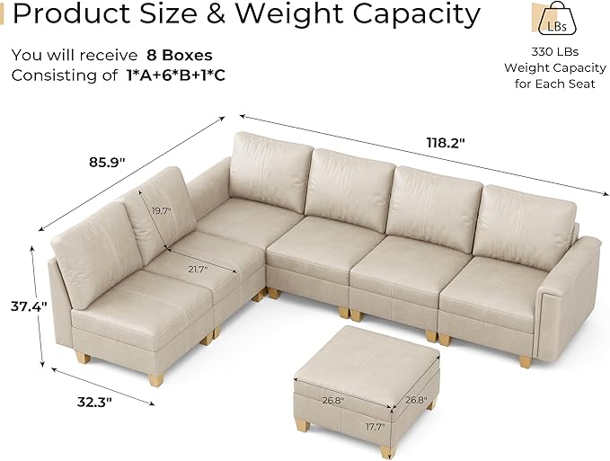 SITJOY 118" Faux Leather Modular Sectional Sofa with Storage, Mid Century Modern Sectional Couches for Living Room, Soft Padded Armrests, 7 Seat L Shaped Couch with Ottoman, Greige