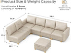 SITJOY 118" Faux Leather Modular Sectional Sofa with Storage, Mid Century Modern Sectional Couches for Living Room, Soft Padded Armrests, 7 Seat L Shaped Couch with Ottoman, Greige