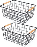 Black 2PCS Wire Storage Baskets with Wooden Handles - Organizing Pantry and Kitchen Cabinets - Metal Wire Food Storage Basket